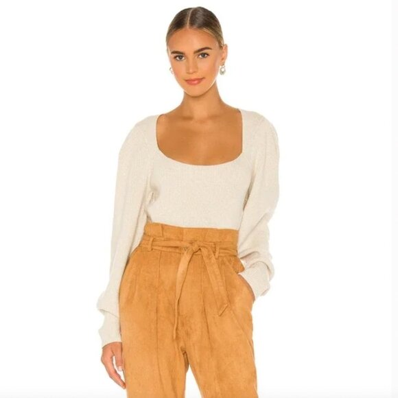 Free People Cream Open Back Puff Sleeve Ribbed Sweater - Picture 3 of 9